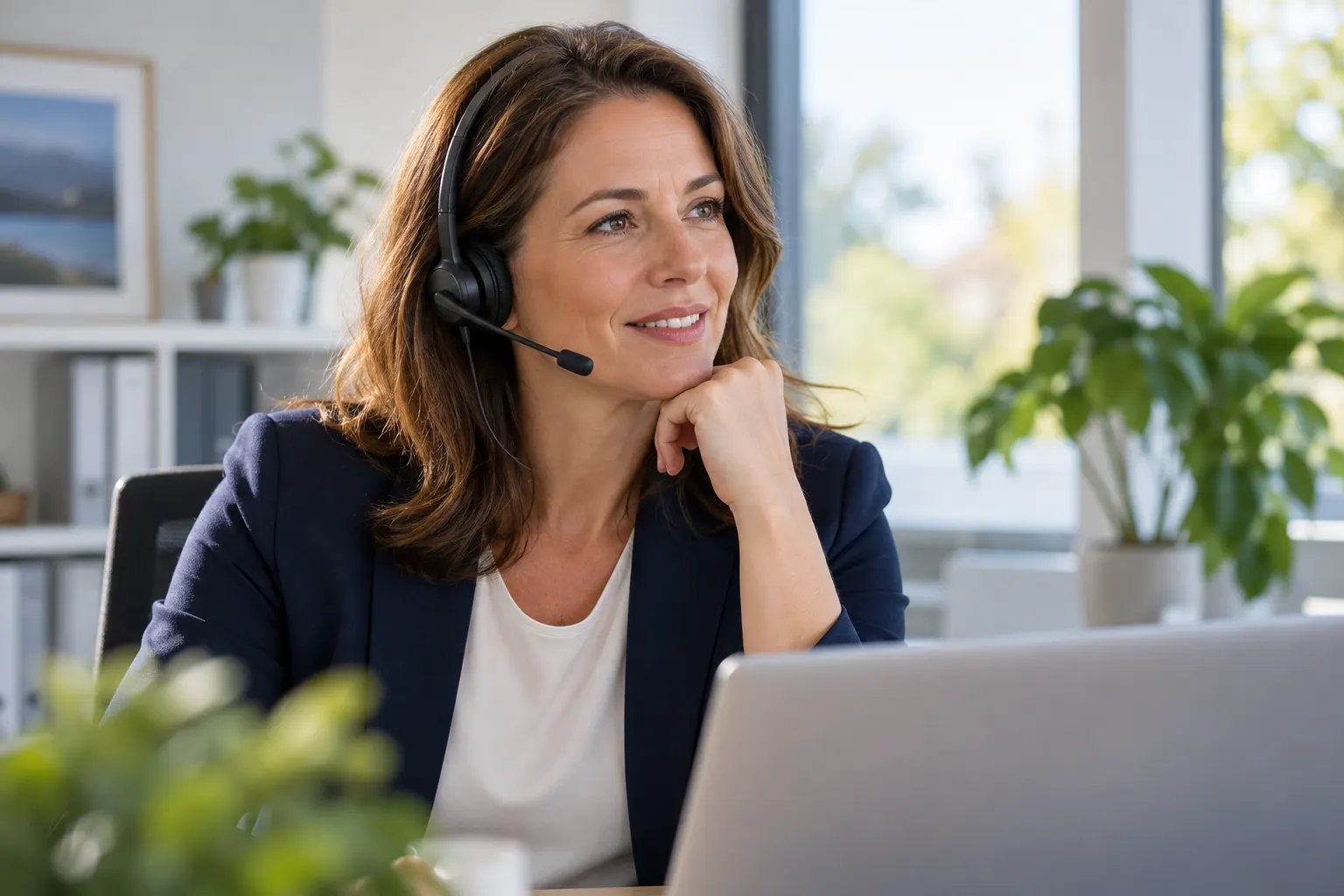 Freundliche Beraterin mit Headset am Laptop in einem hellen Büro