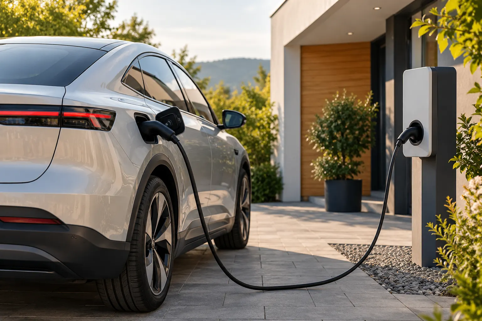 Elektroauto lädt an einer Wallbox vor einem modernen Einfamilienhaus