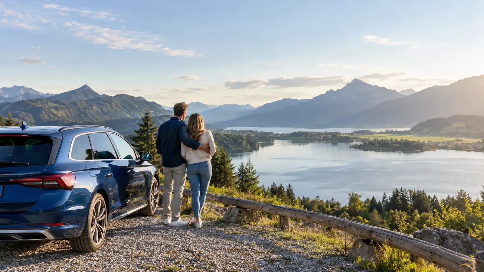 Paar steht neben seinem blauen Kombi an einem Aussichtspunkt über einem Bergsee
