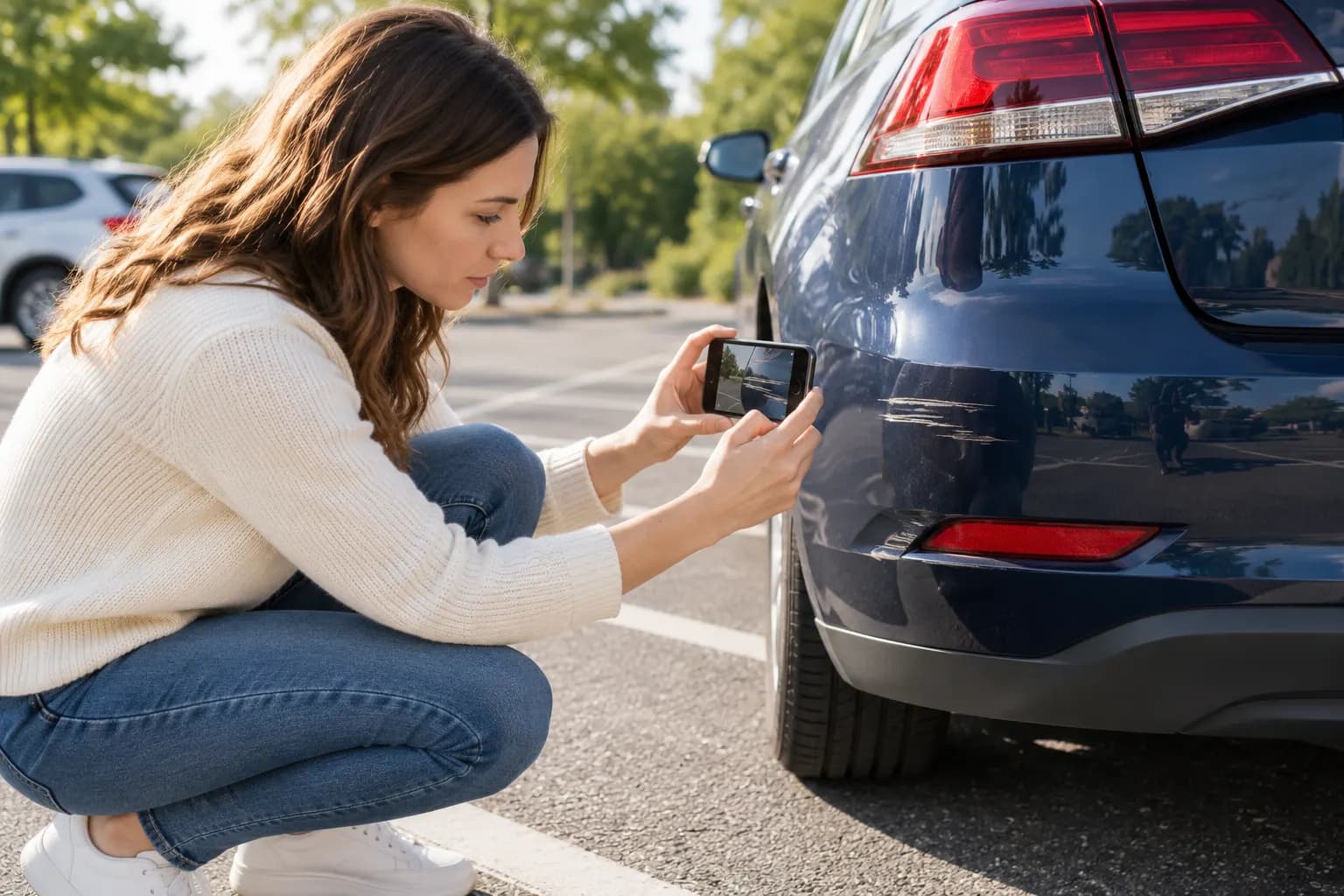 Frau fotografiert mit dem Smartphone einen Kratzer an der Heckstoßstange ihres Autos